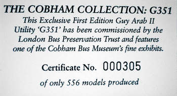 26307B Numbered certificate supplied with model